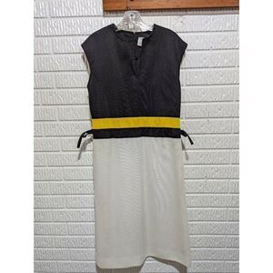 Vintage Leslie Fay Womens Black Yellow White Polyester A-line Midi Dress Size 12